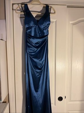 B Darlin Satin Maxi Dress in Deep Blue